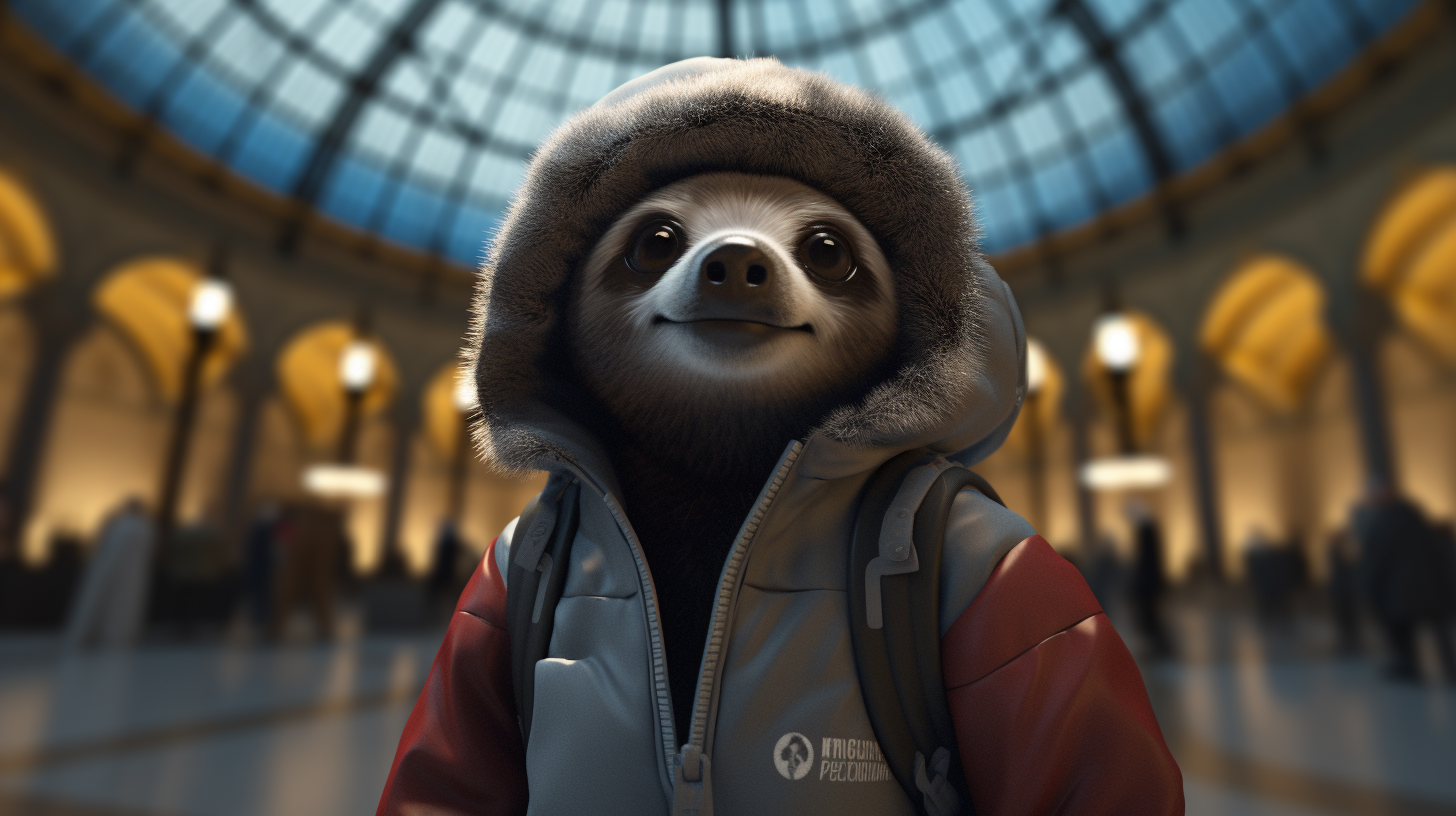 Cute sloth tourist wearing black Patagonia jacket