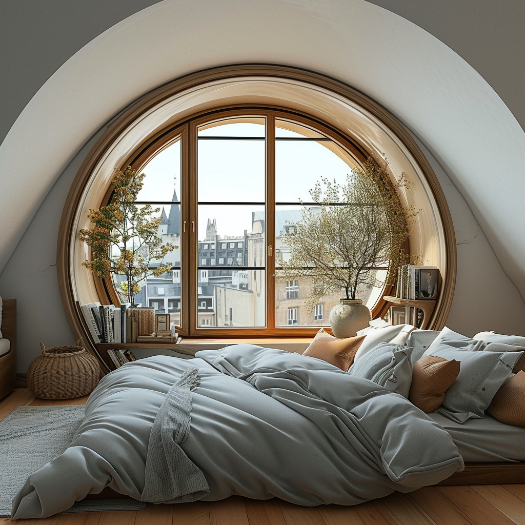 Cute small bedroom with big tall round window