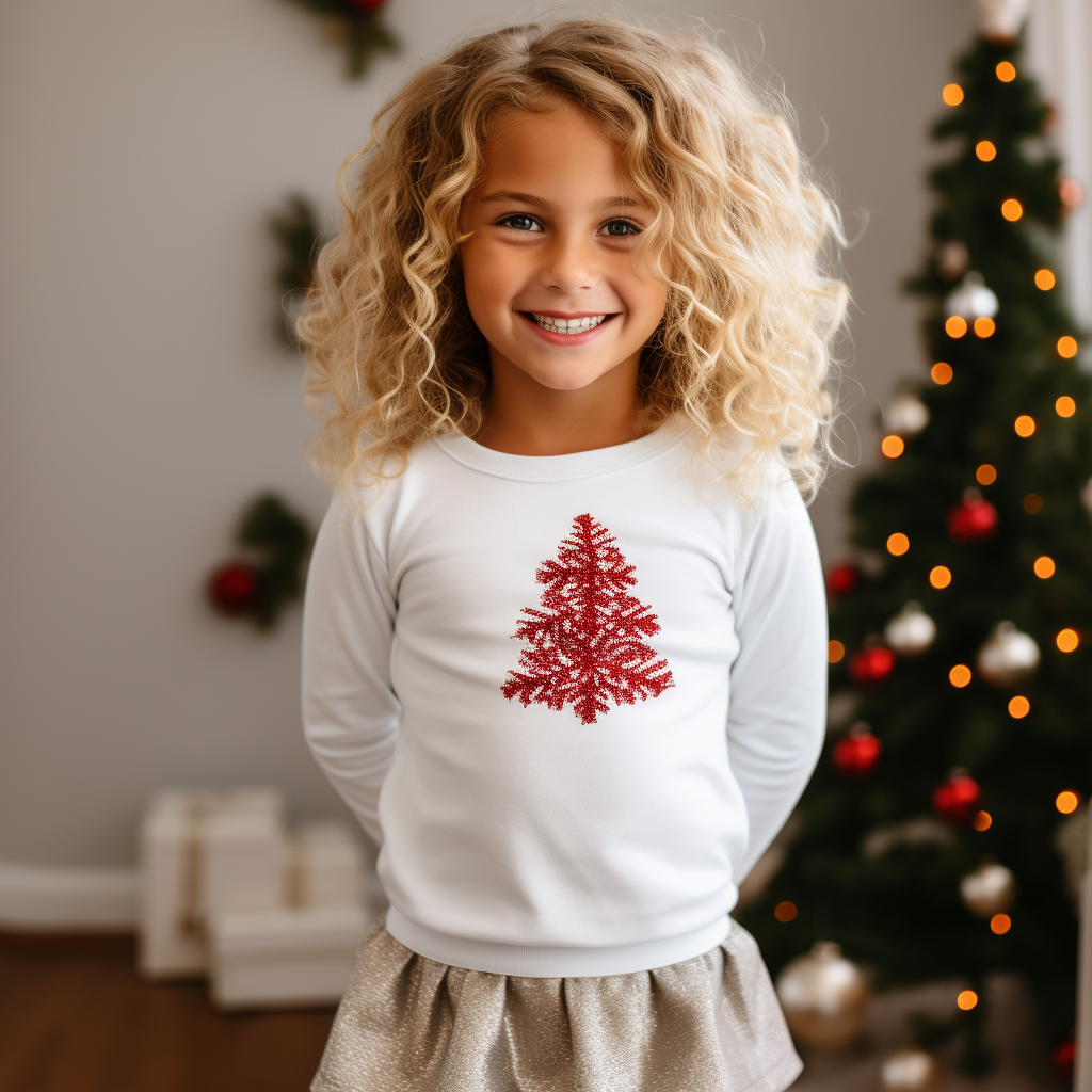 Smiling girl in front of Christmas tree