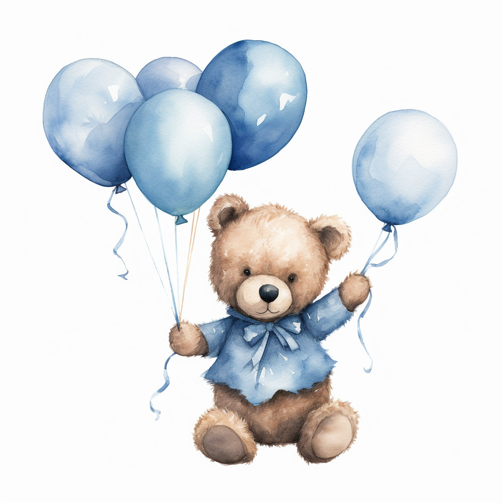 Cute baby bear in denim holding blue balloons