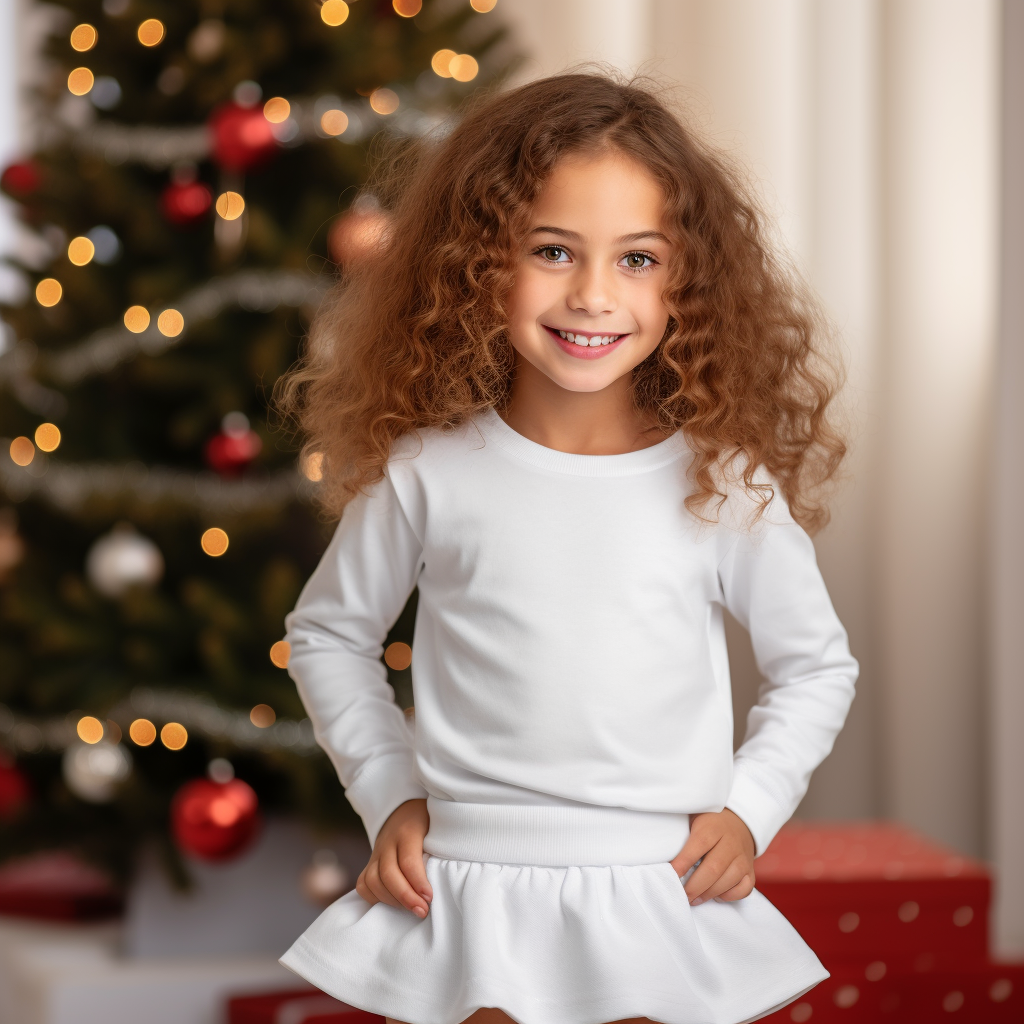 Curly-haired girl in white sweatshirt