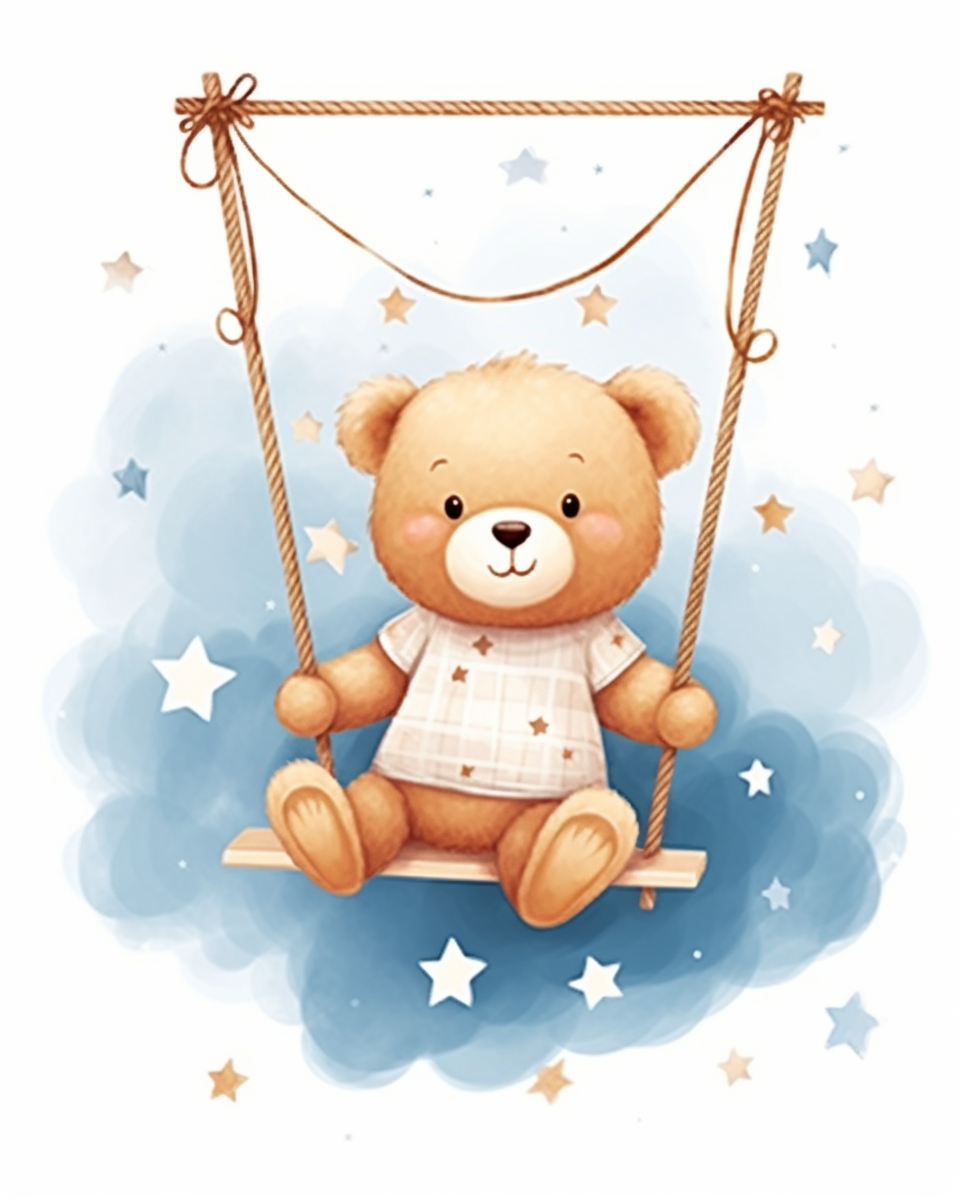 Teddy bear swinging in clouds with stars