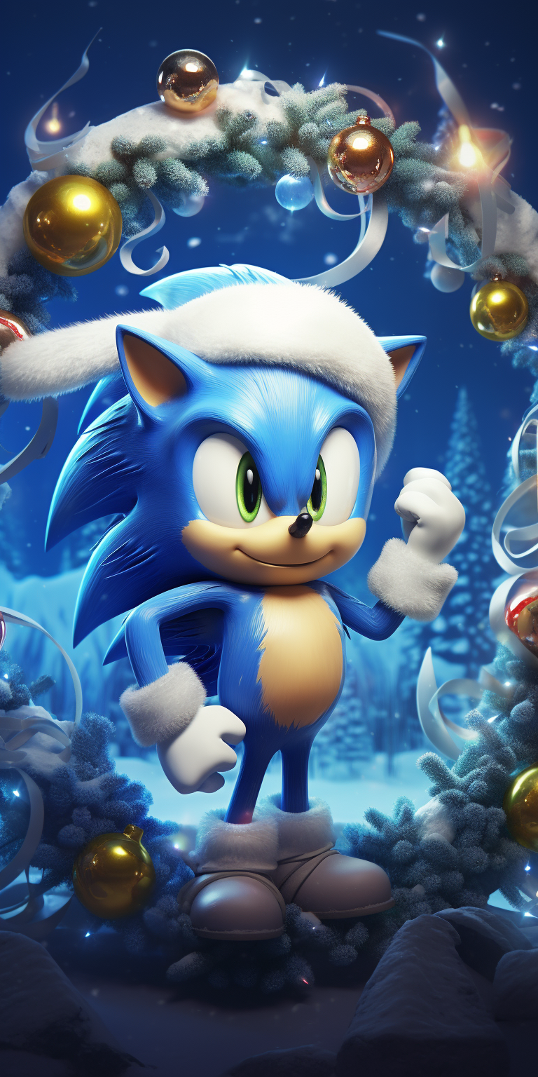 Close-up of cute Sonic character in a snowy Christmas scene