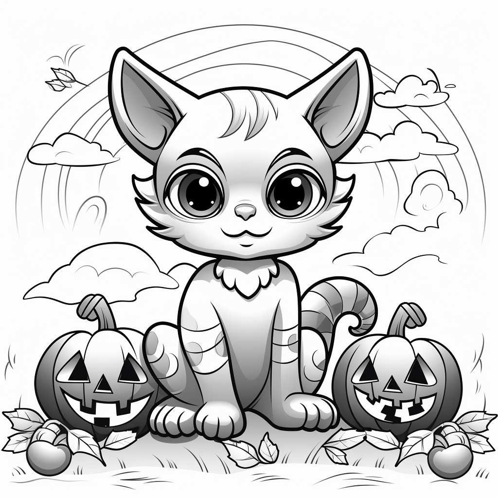 Cute Halloween coloring page with cat and pumpkins