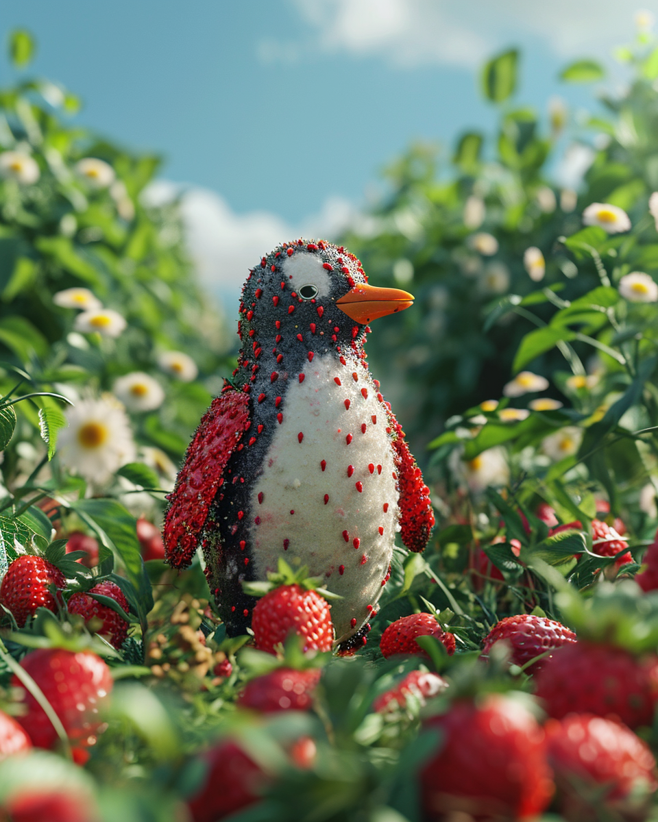 Cute strawberry penguin in strawberry field