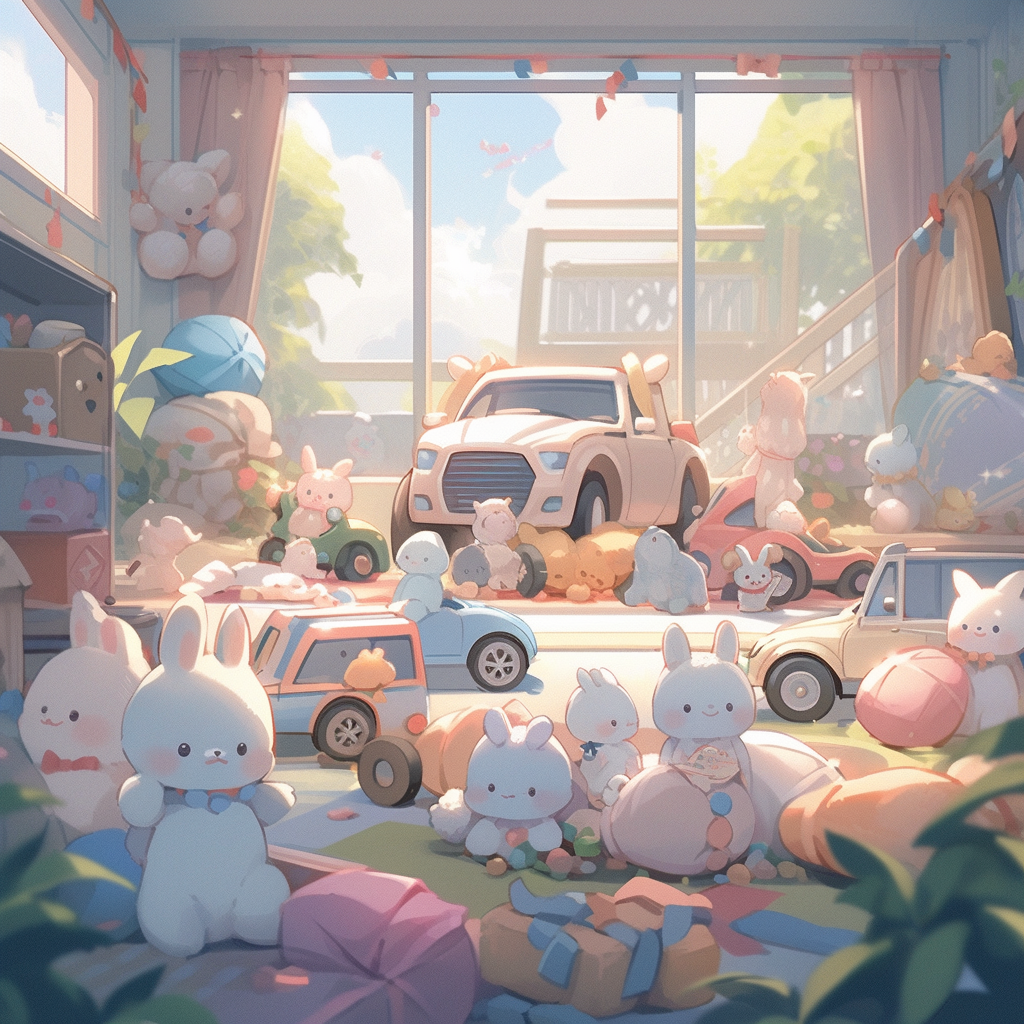 Cute studio scenery with stuffed animals and toys