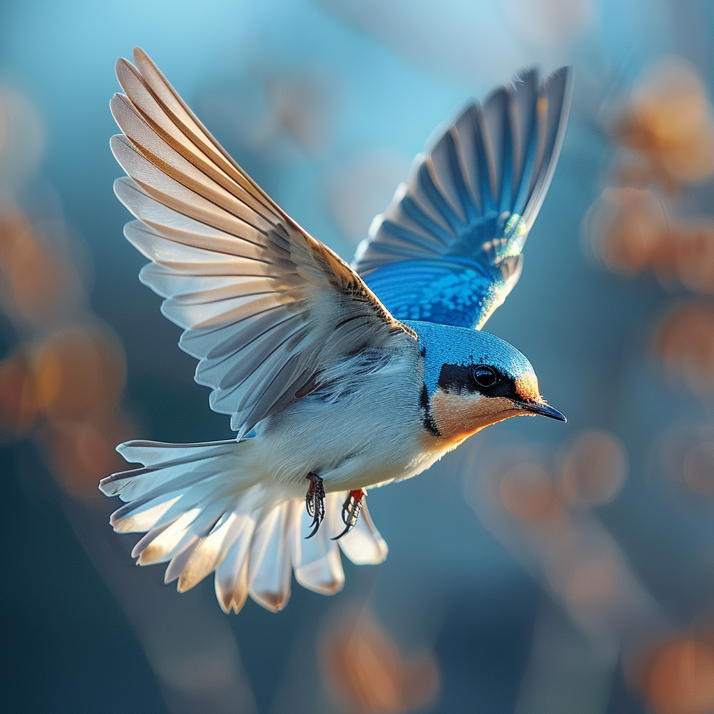 Cute swallow flying in blue sky