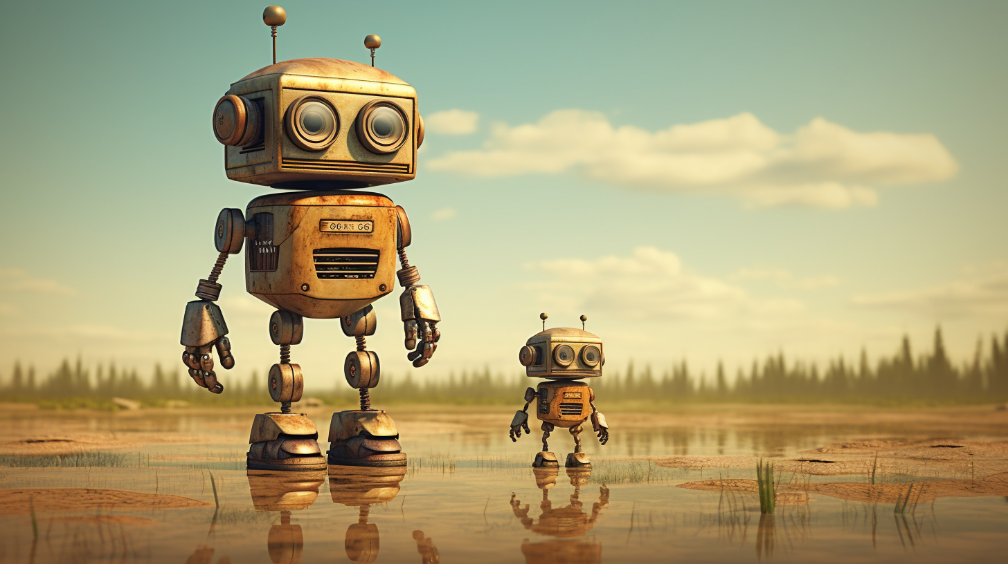 Tall cute robots in realistic photo