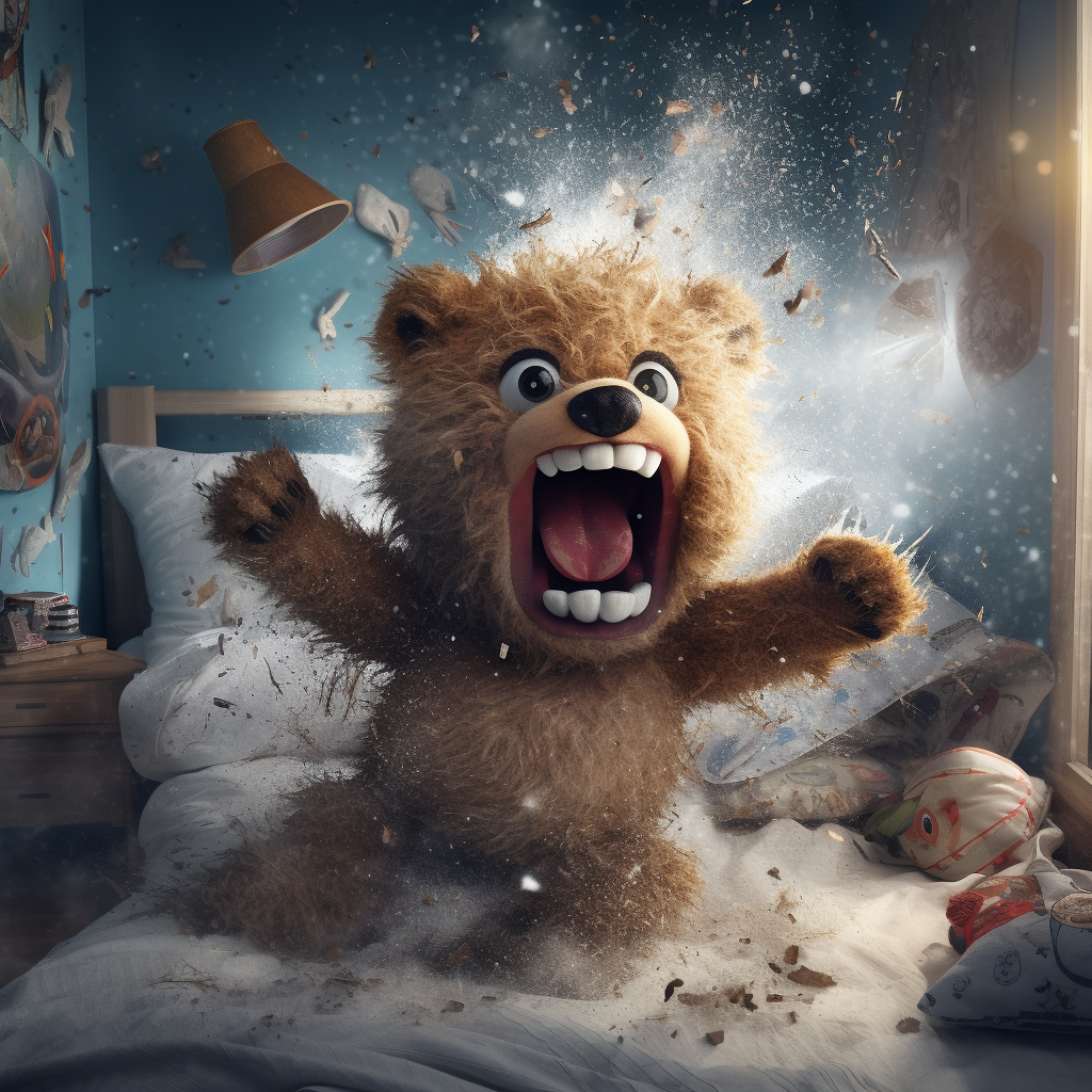 Cute Teddy Bear hitting Monster with Pillow