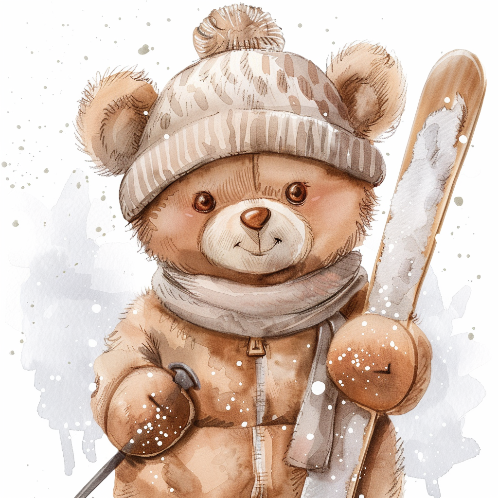 Teddy bear skiing in winter