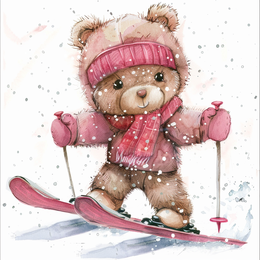 smiling teddy bear skiing clipart