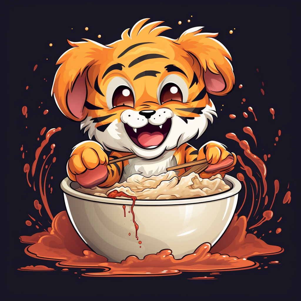 Cartoon tiger enjoying spaghetti from a bowl