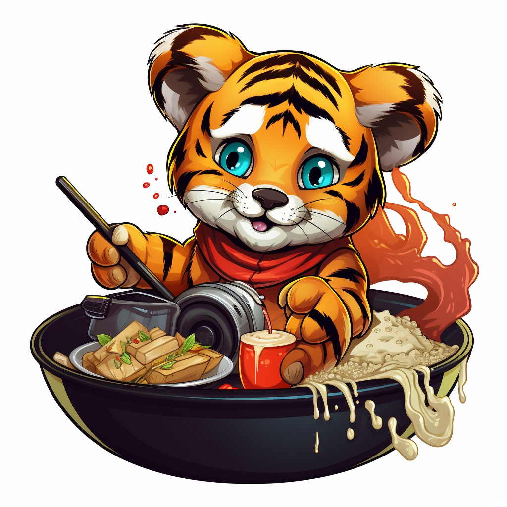 Adorable Tiger Eating Spaghetti Cartoon