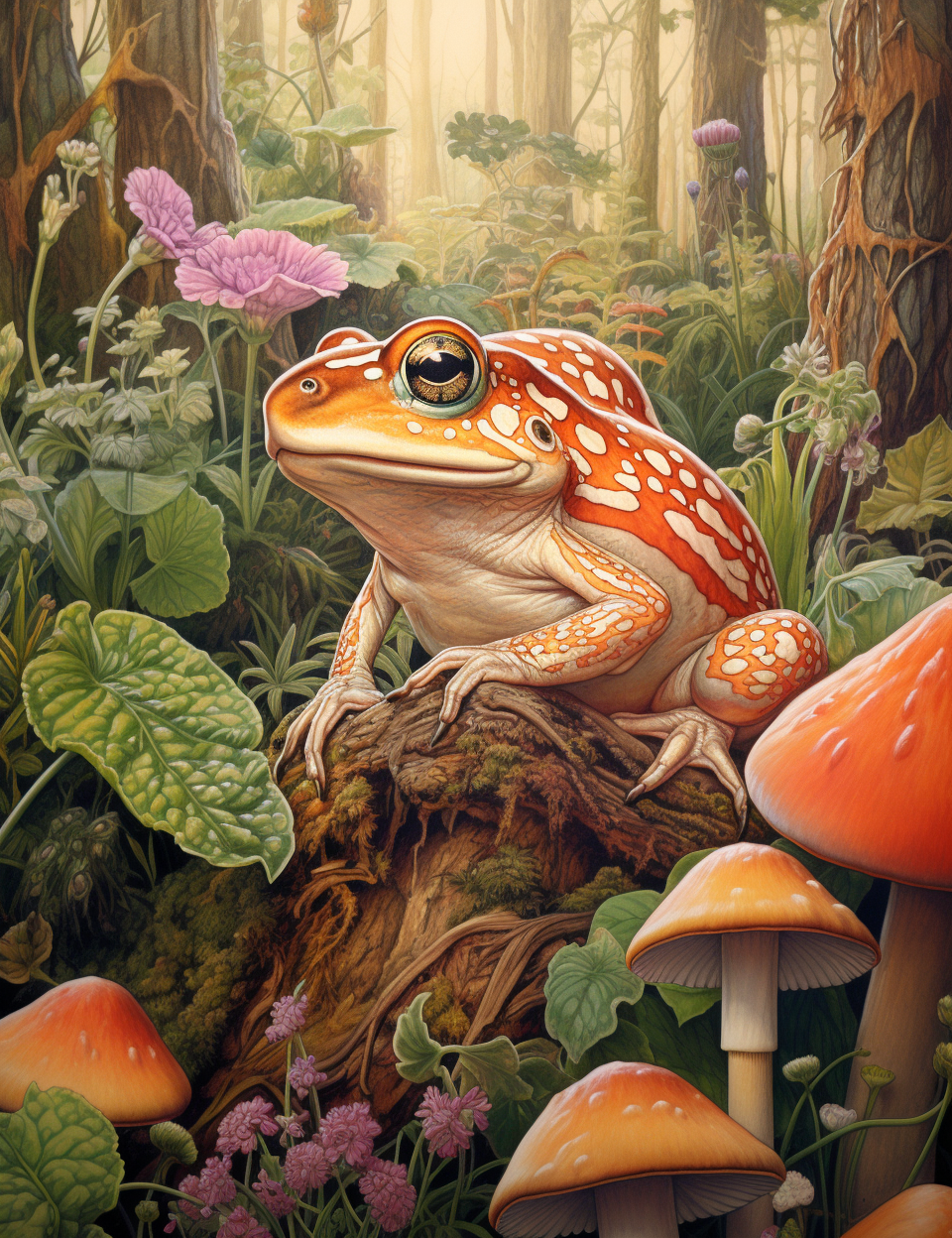 Cute toad in green woodland forest