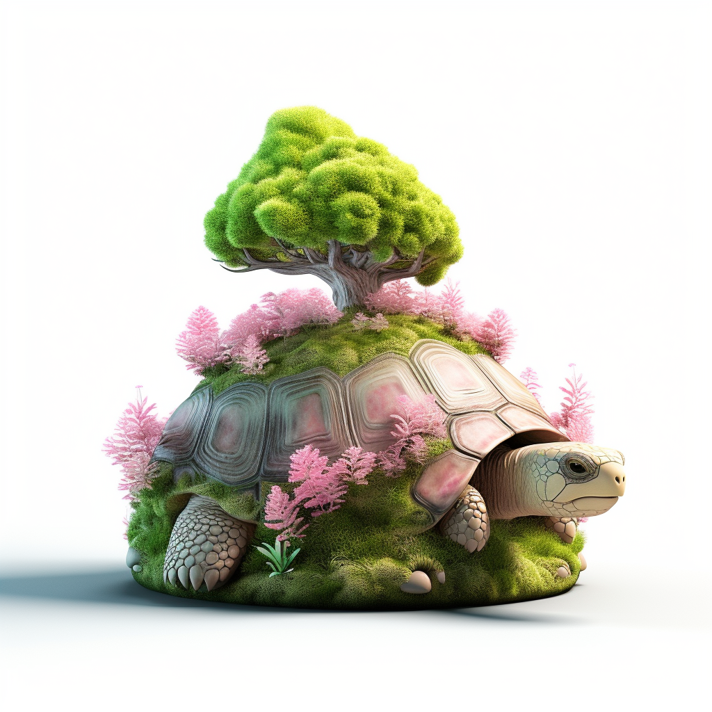 Cute tortoise with tree and moss