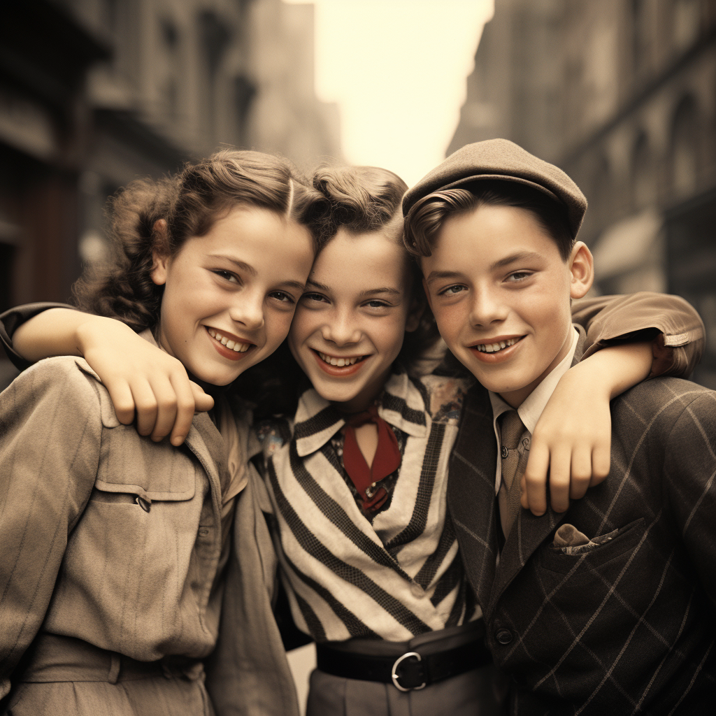 Smiling teenagers hugging on vintage street background