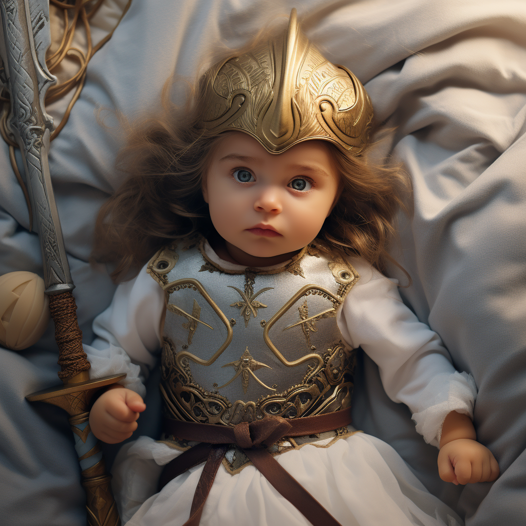 Cute warrior princess toddler on bed