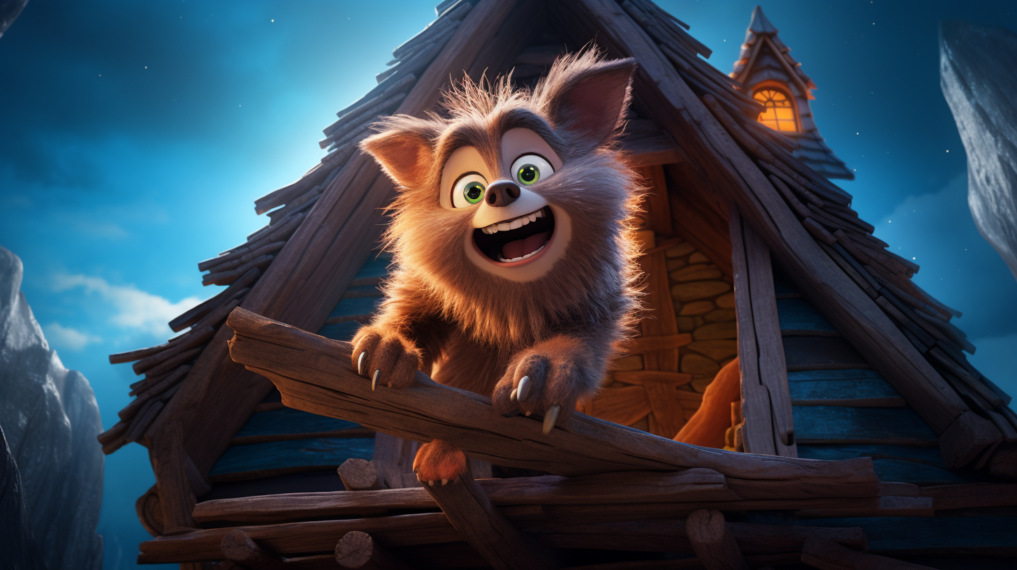 Cute werewolf climbing house in Pixar style