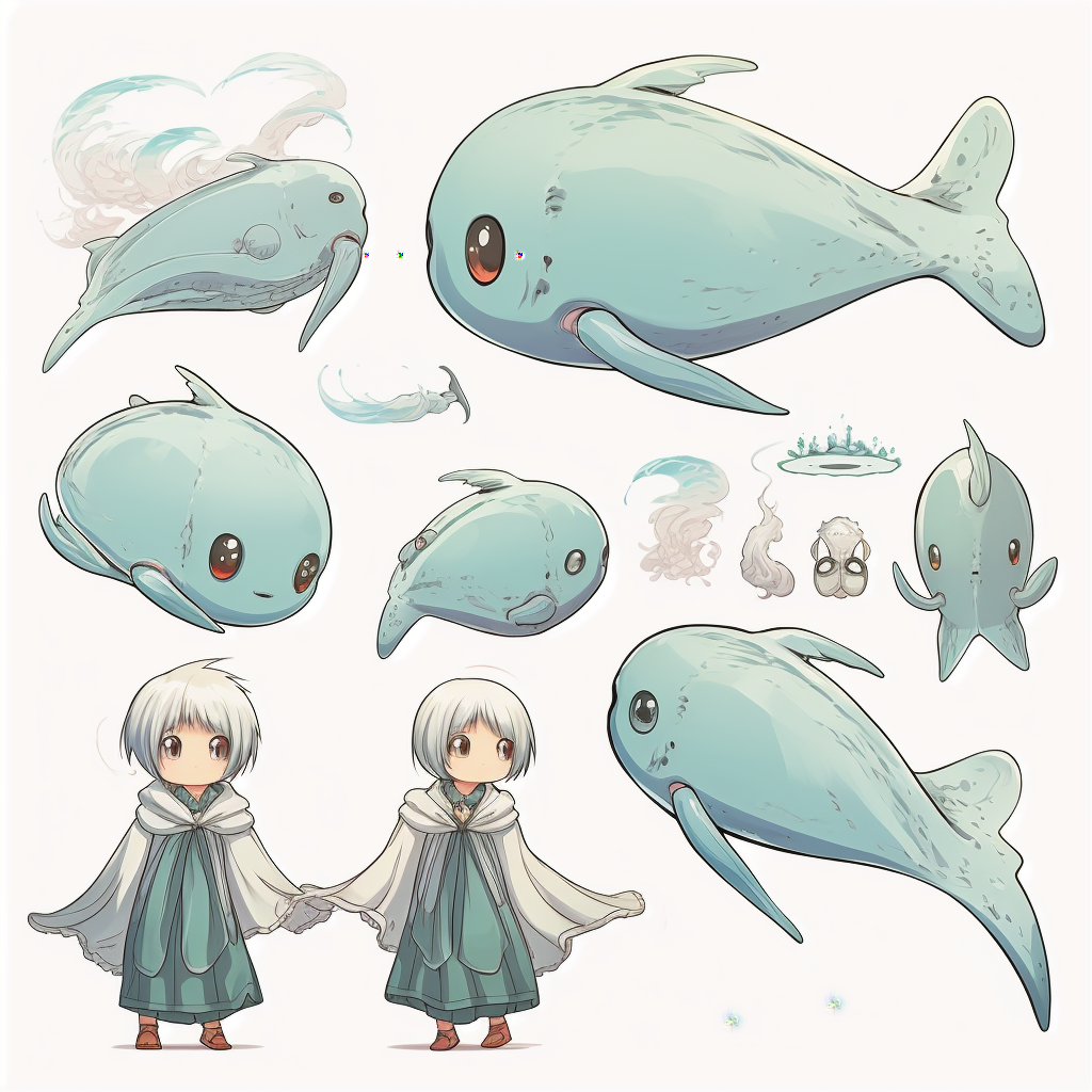 Cute whale with big eyes and feathers