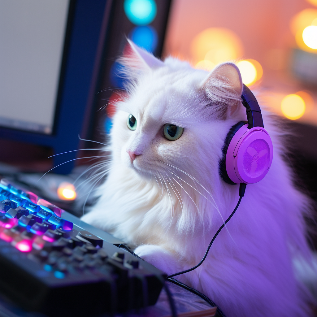 Cute white cat with blue eyes wearing headphones