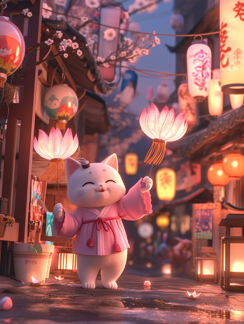 White Cat with Pink Overalls Lantern