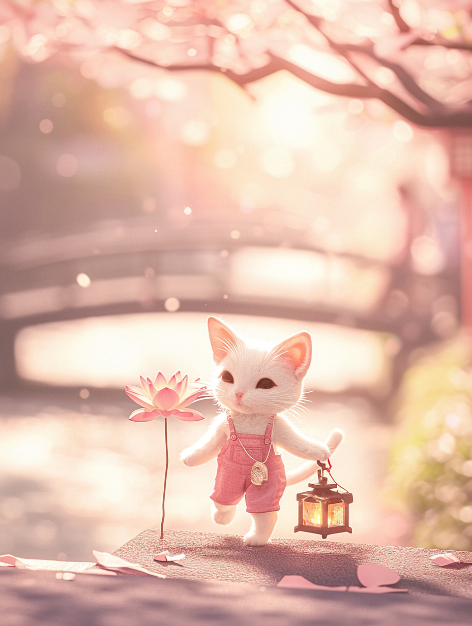 Cute cat in pink overalls with lantern