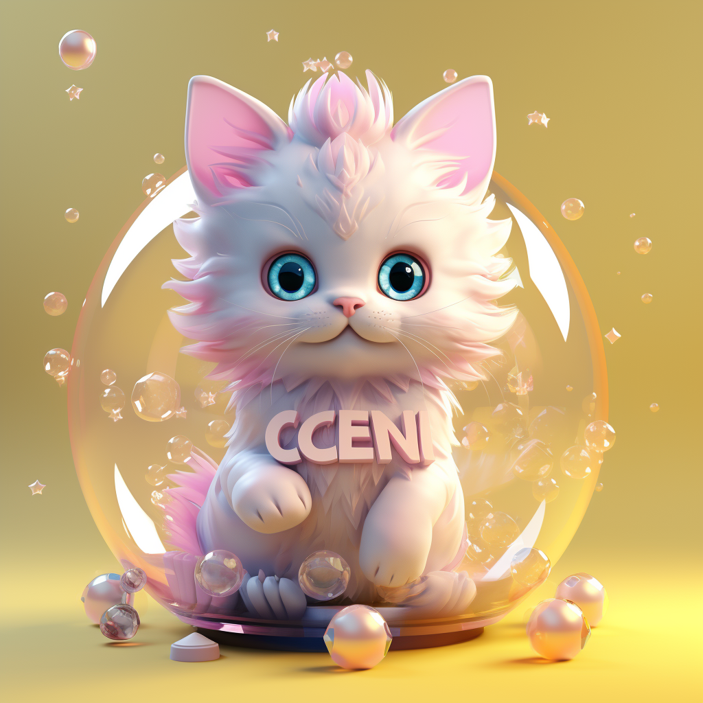 Cute white kitten with blue eyes wearing golden crown in bubble