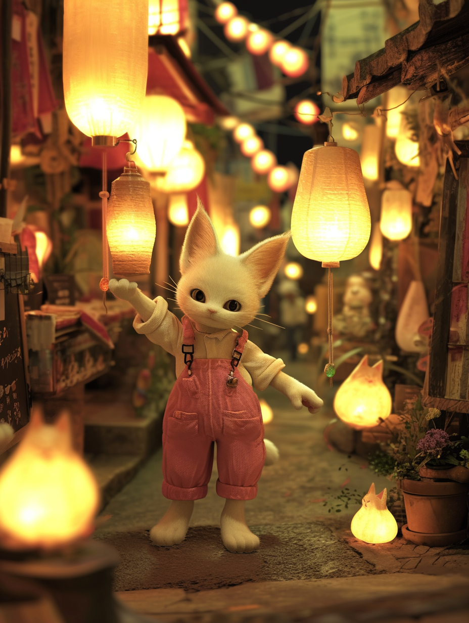 Cute white cat with lanterns