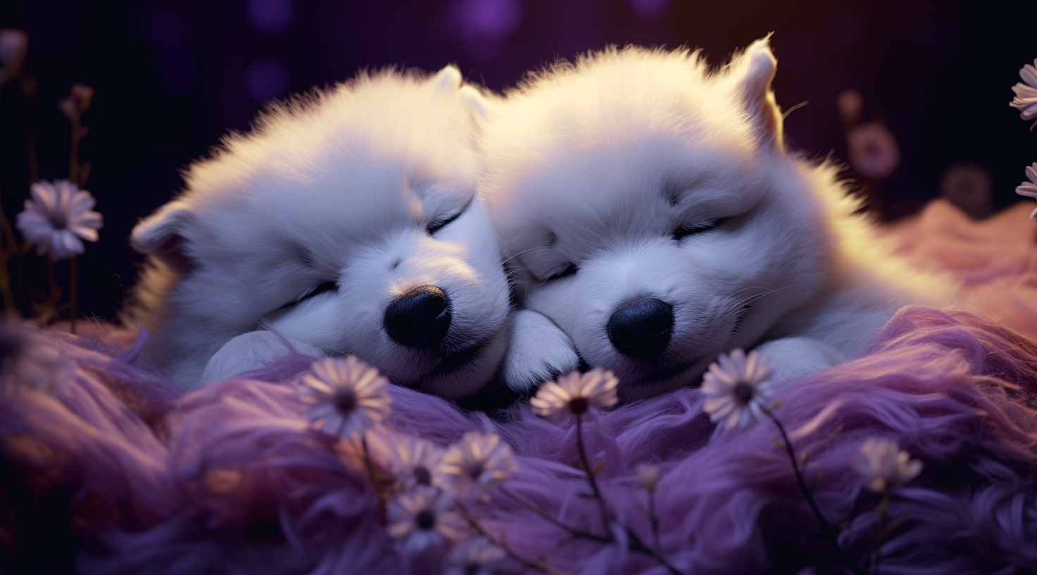 Two cute white puppies sleeping