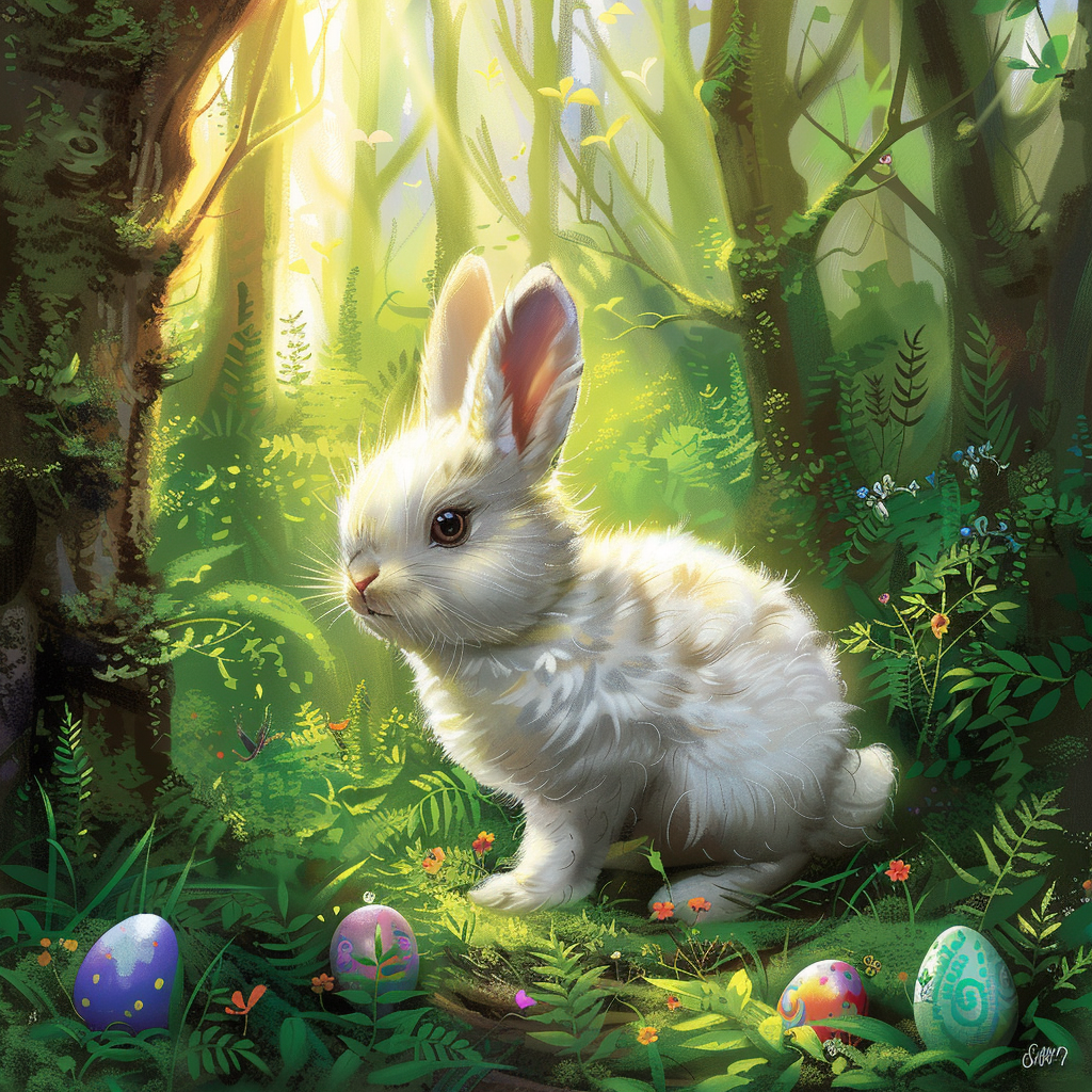 Cute white rabbit in lush forest