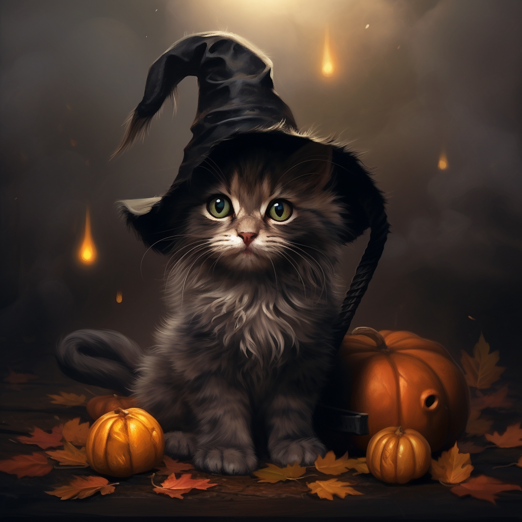 Adorable witch kitten casting a spell