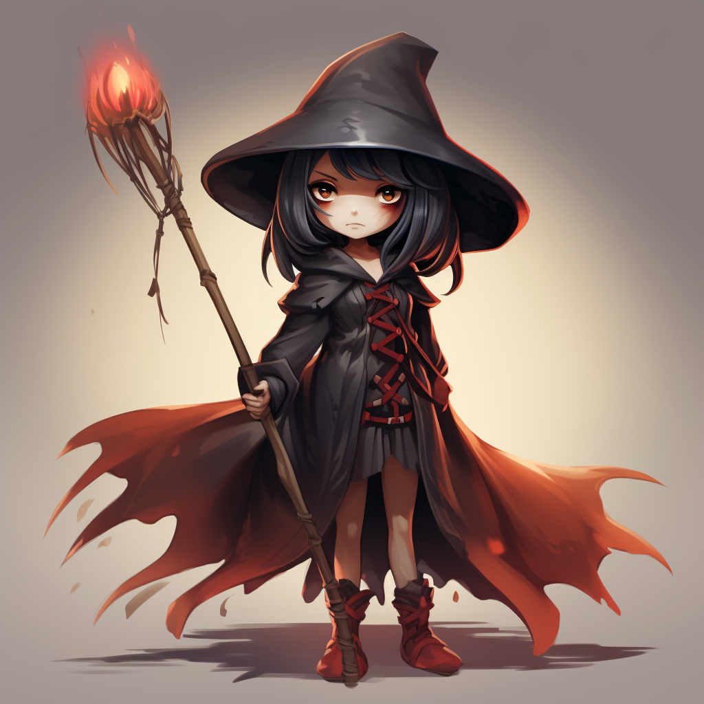 Cute witch with staff in traveling cloak