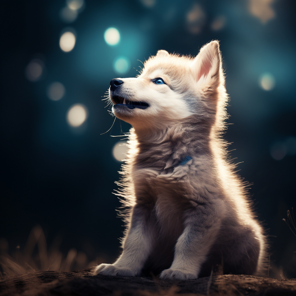 Cute wolf pup howling at moon