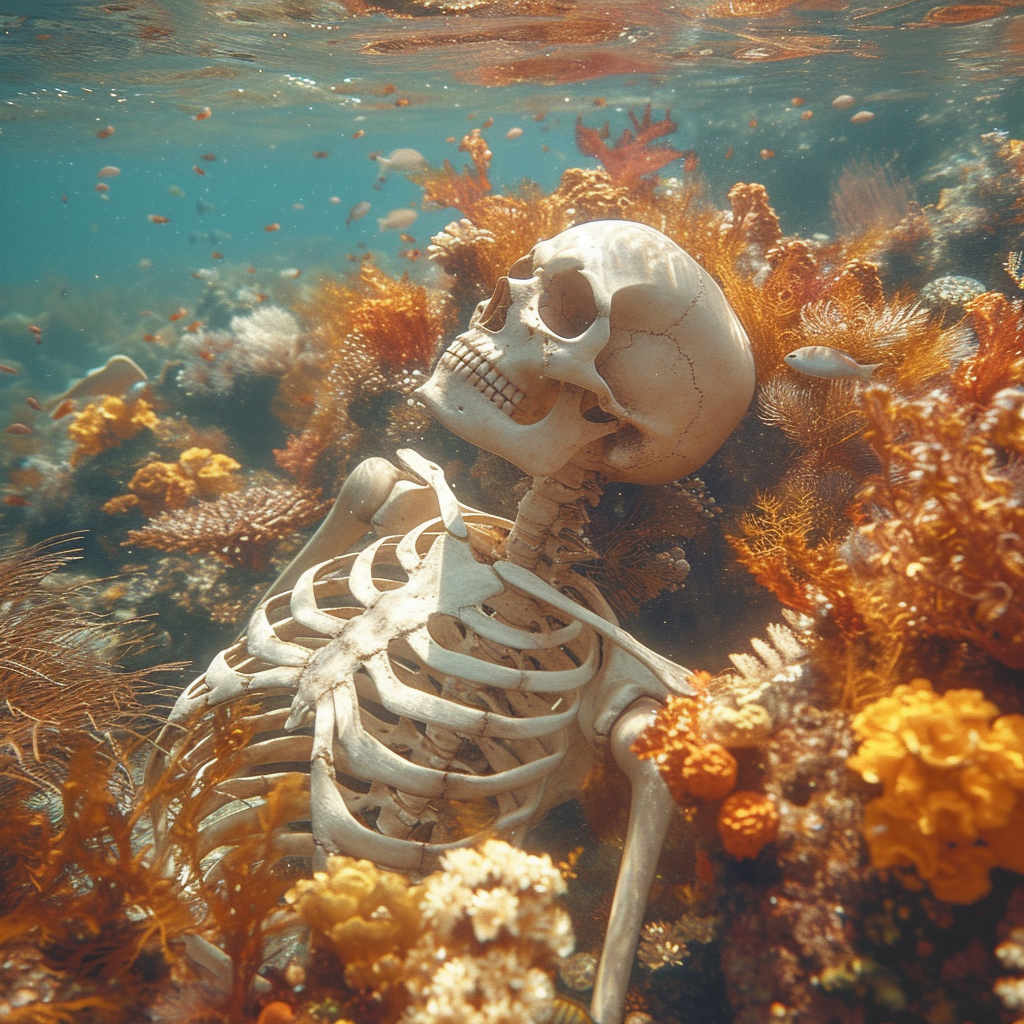 Cute Woman Skeleton Swimming on Alien Planet