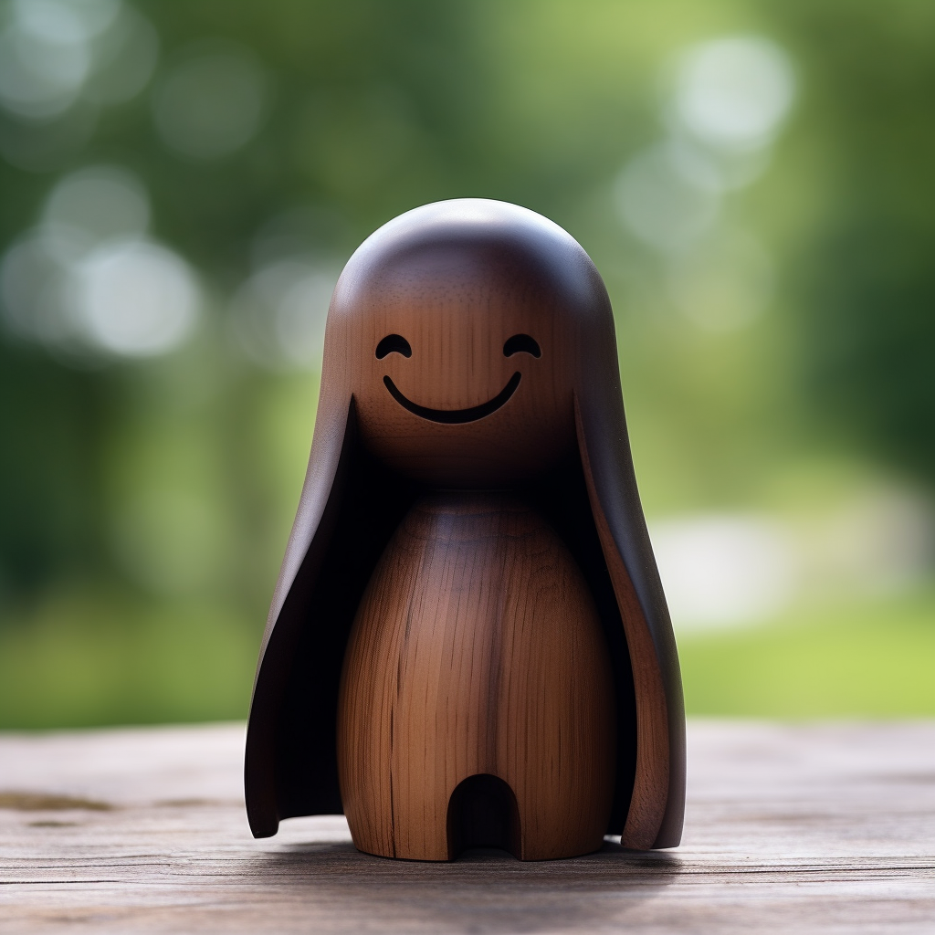 Happy wood figurine salutes on dark background