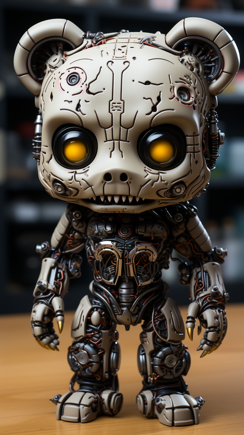 Skeletal structure, wires, and visible gadgets of cute zombie android teddy bear head