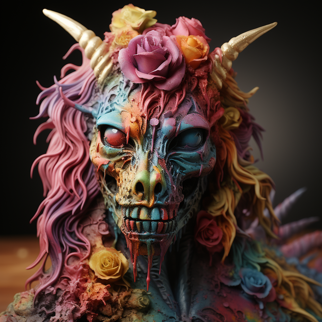 Cute zombie cuddly unicorn in vibrant colors