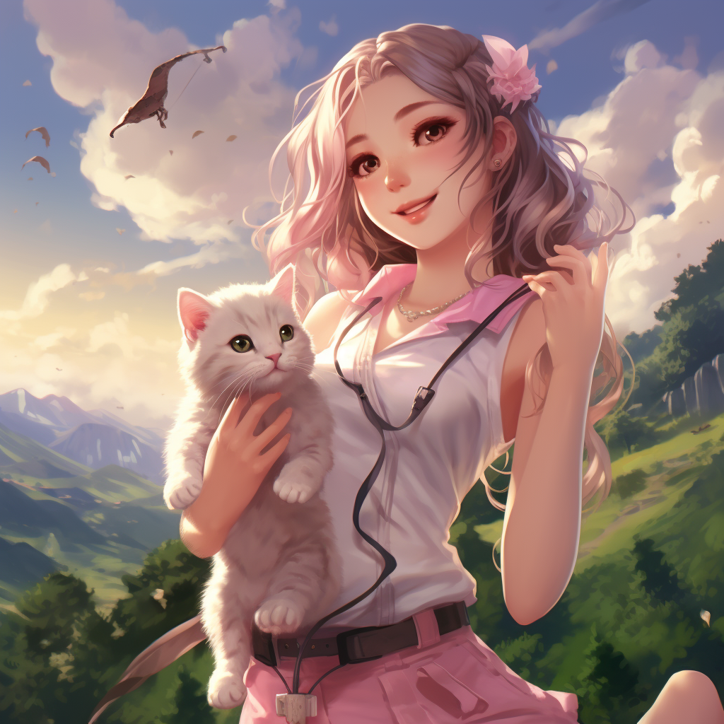 Smiling Anime Girl with White Kitten