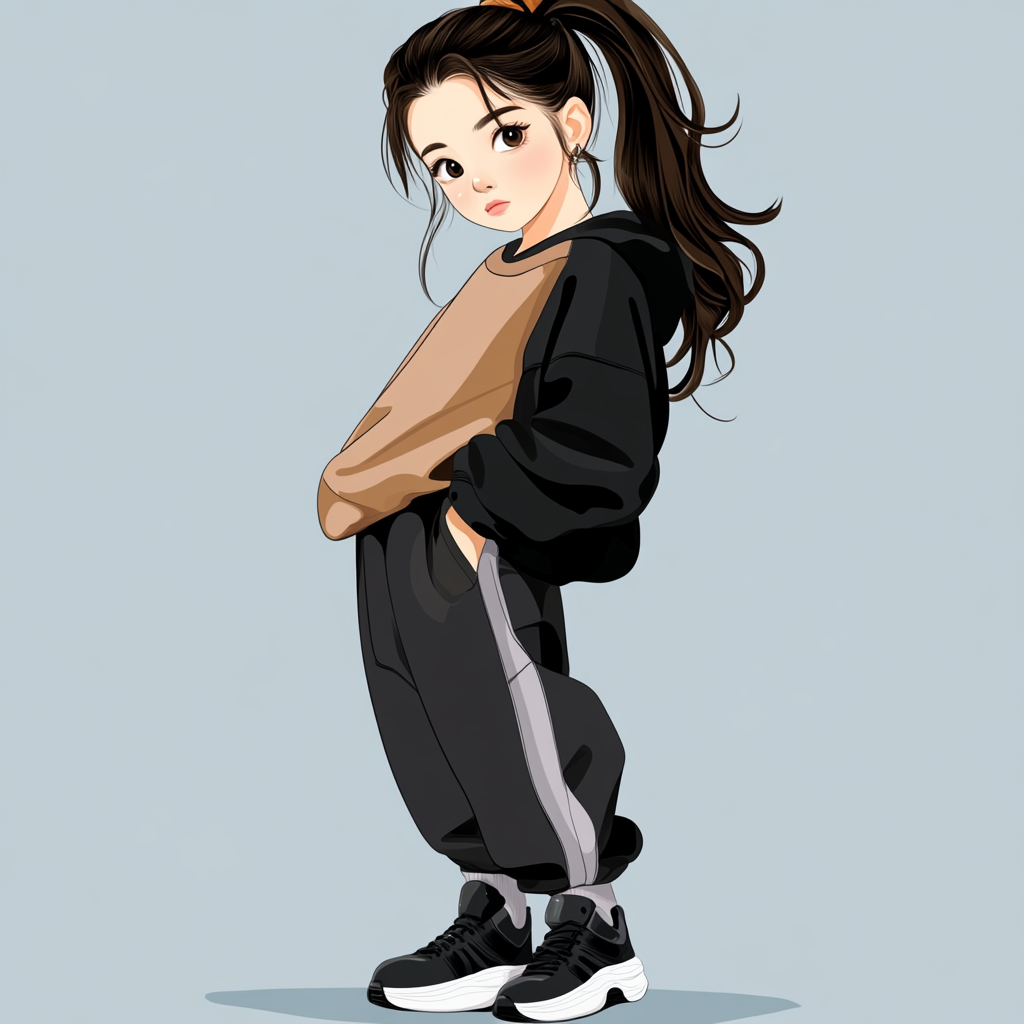 Asian girl in ponytails sweatshirt