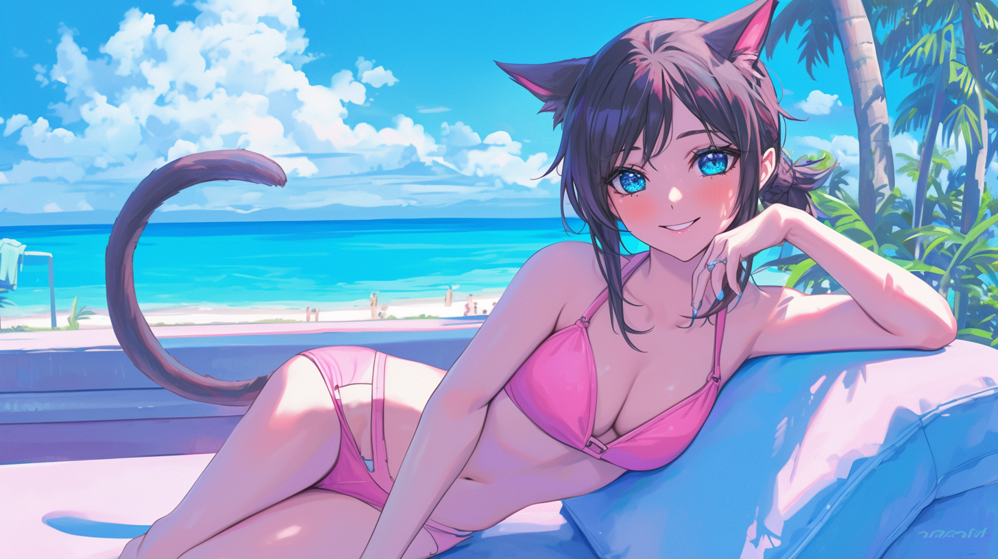 Cute neko woman on beach sofa