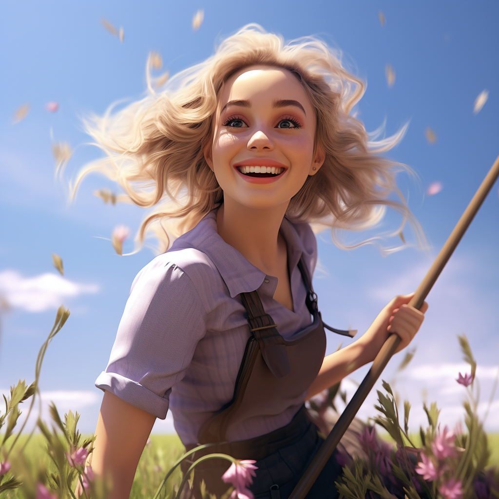 Blonde girl flying over lilac field