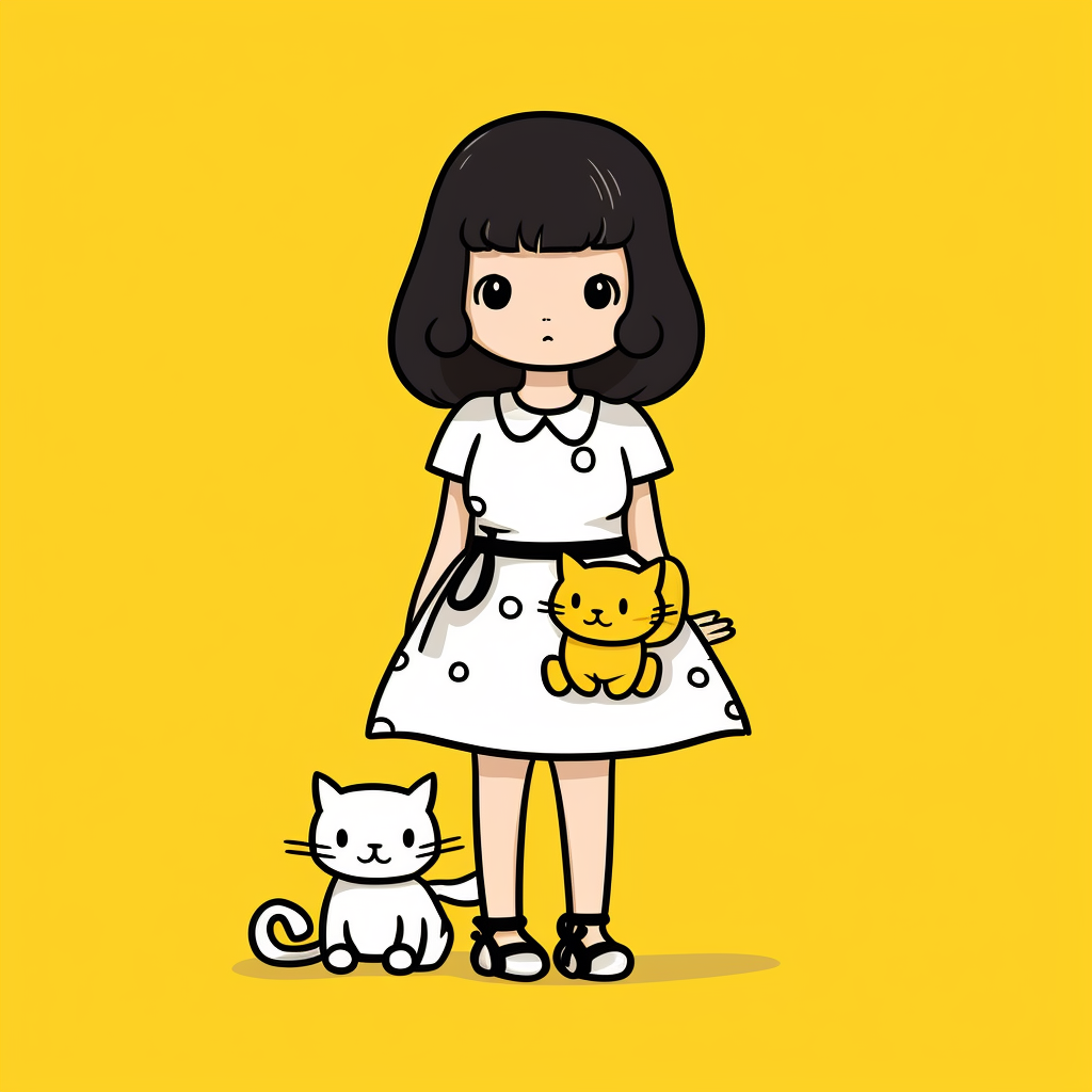 Cartoon girl holding white kitten