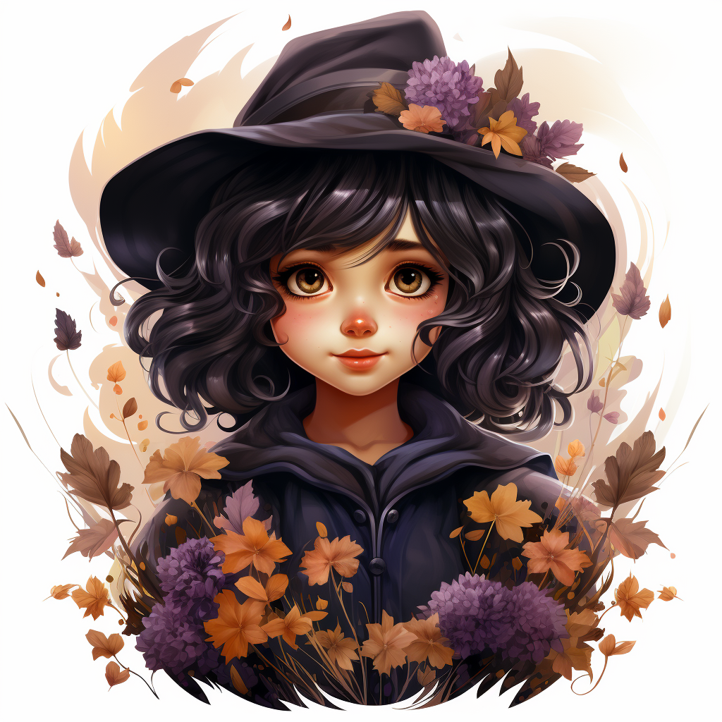 Cartoon witch with flowers on white background