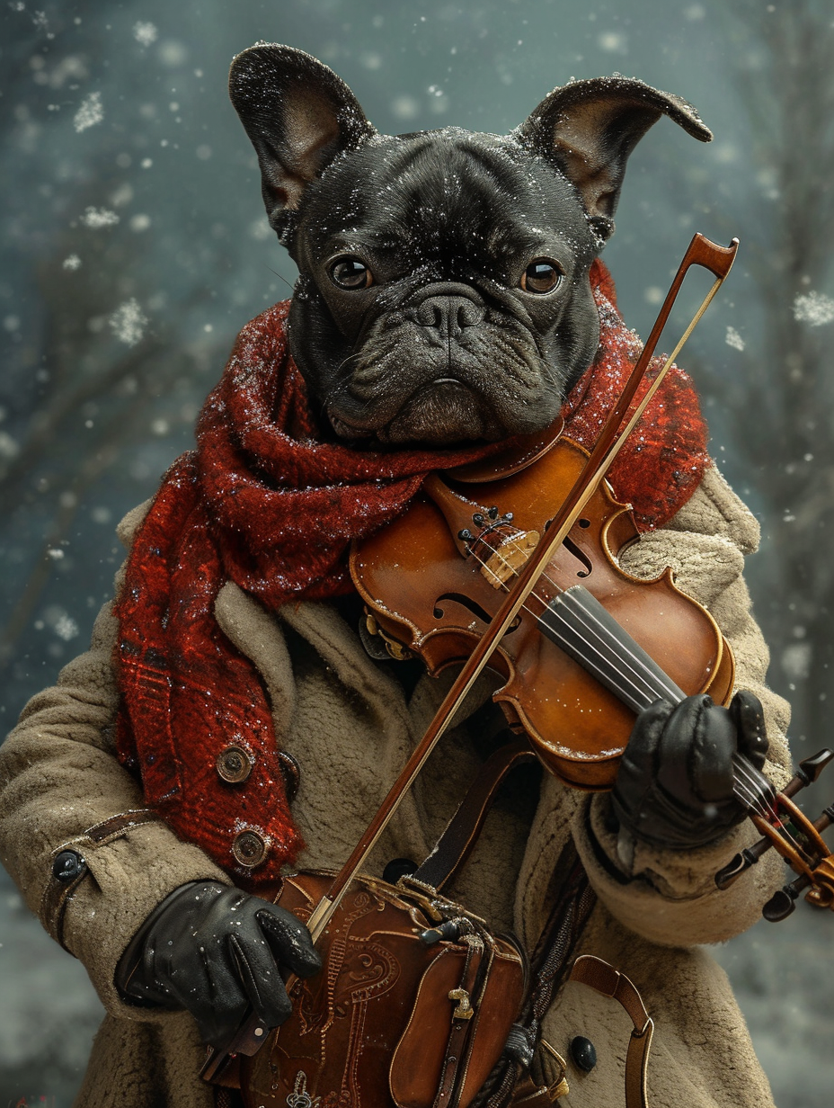 Black French Bulldog Playing Violin Under Stars