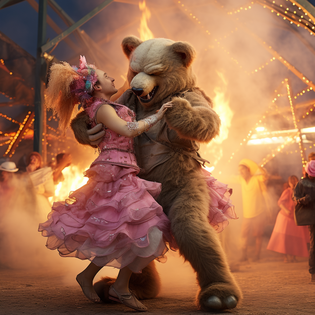 Colorful furry dancers around burning bear sculpture