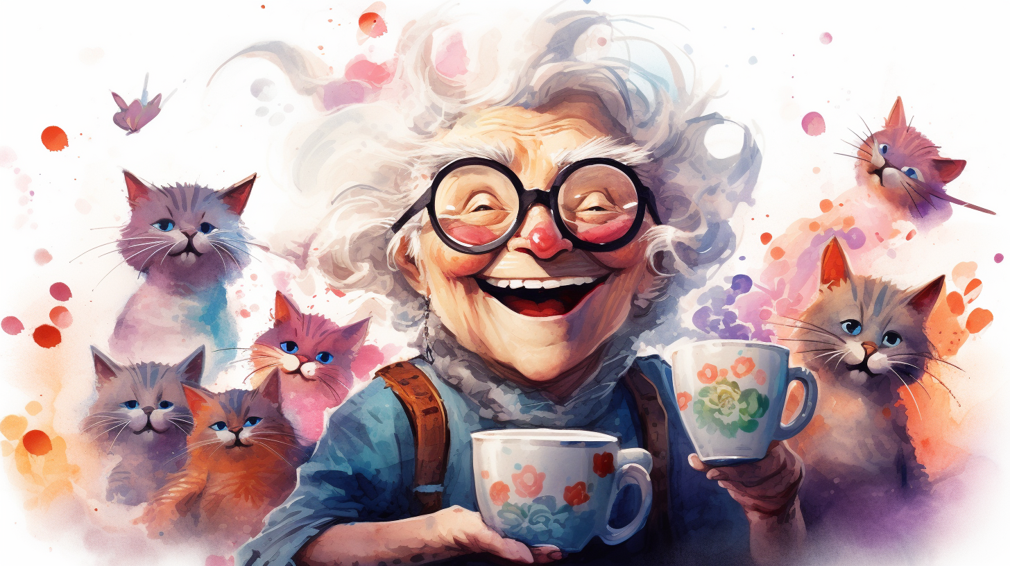 Cartoon Granny with Coffee and Cats