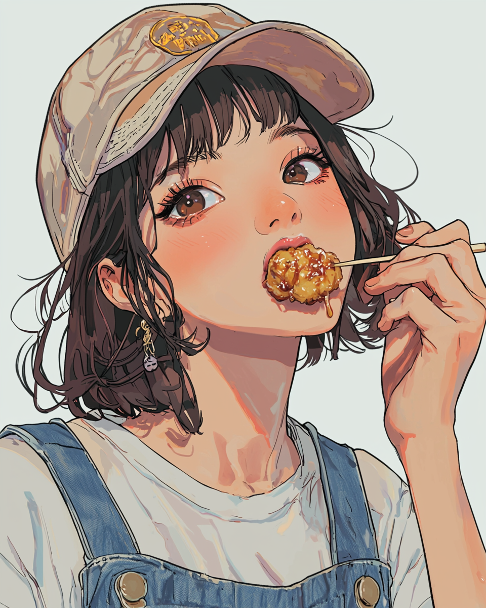 Japanese girl eating takoyaki outdoors