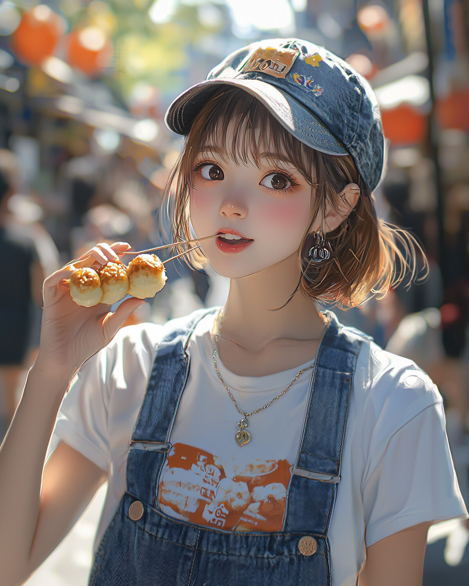 Japanese girl eating takoyaki