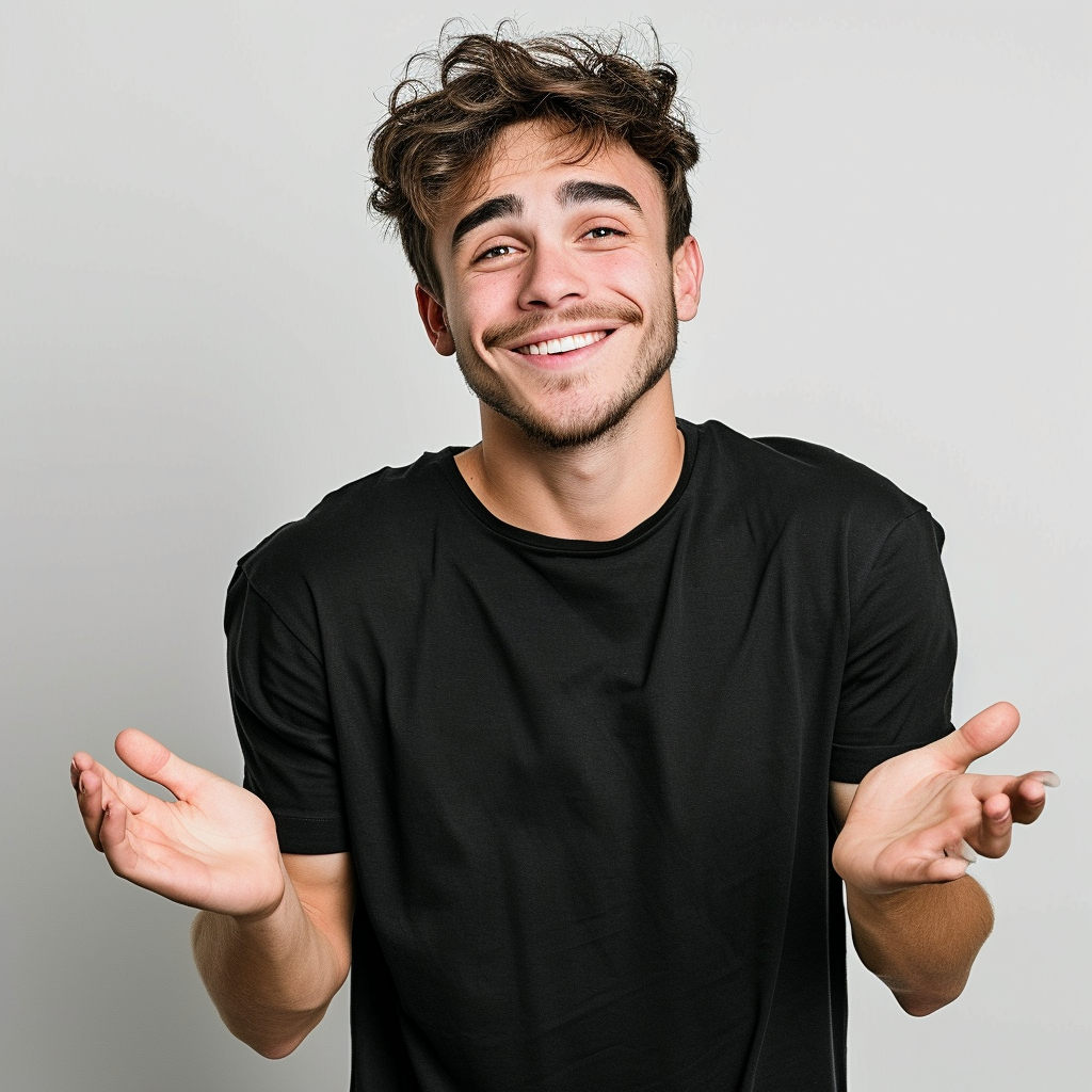 Young man smiling and shrugging shoulders