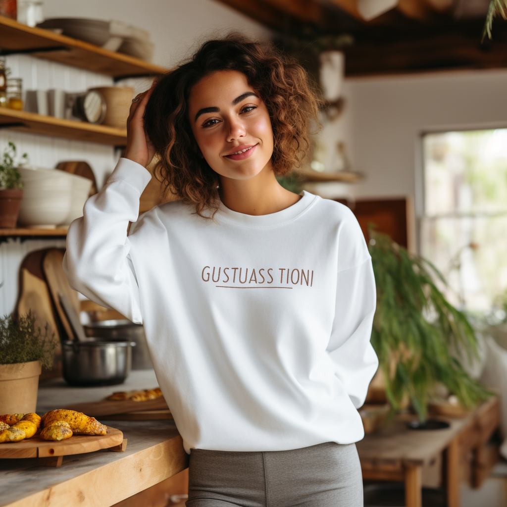 Stylish woman with cute pose wearing white crewneck sweatshirt